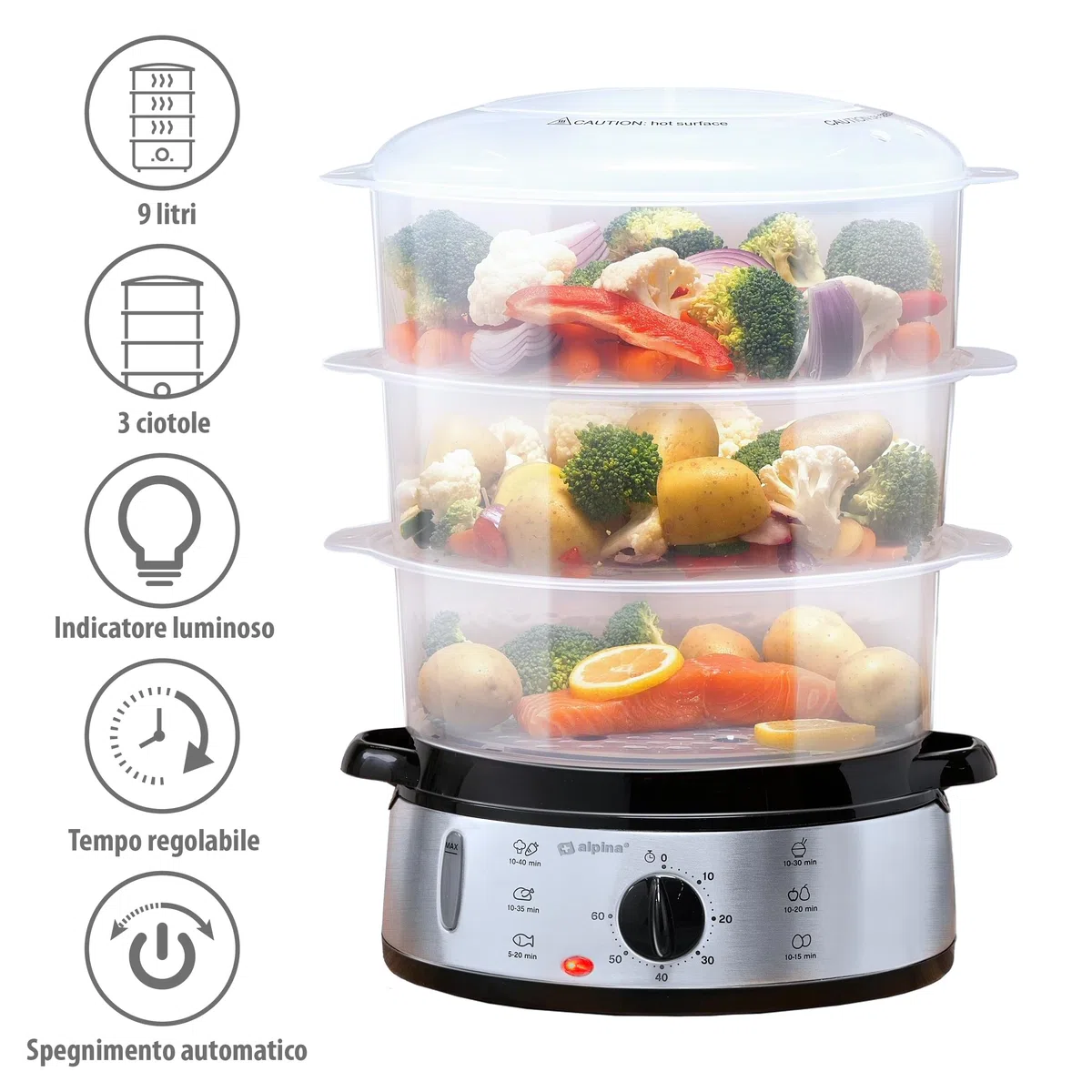 alpina Vaporeira Elettrica - Pentola a Vapore 800W - Steamer Vapore 3 Strati - Vaporiere Elettriche Senza BPA - Lavabile in Lavastoviglie - Da 0 a 60 Minuti - Capacità 9L - Grigio