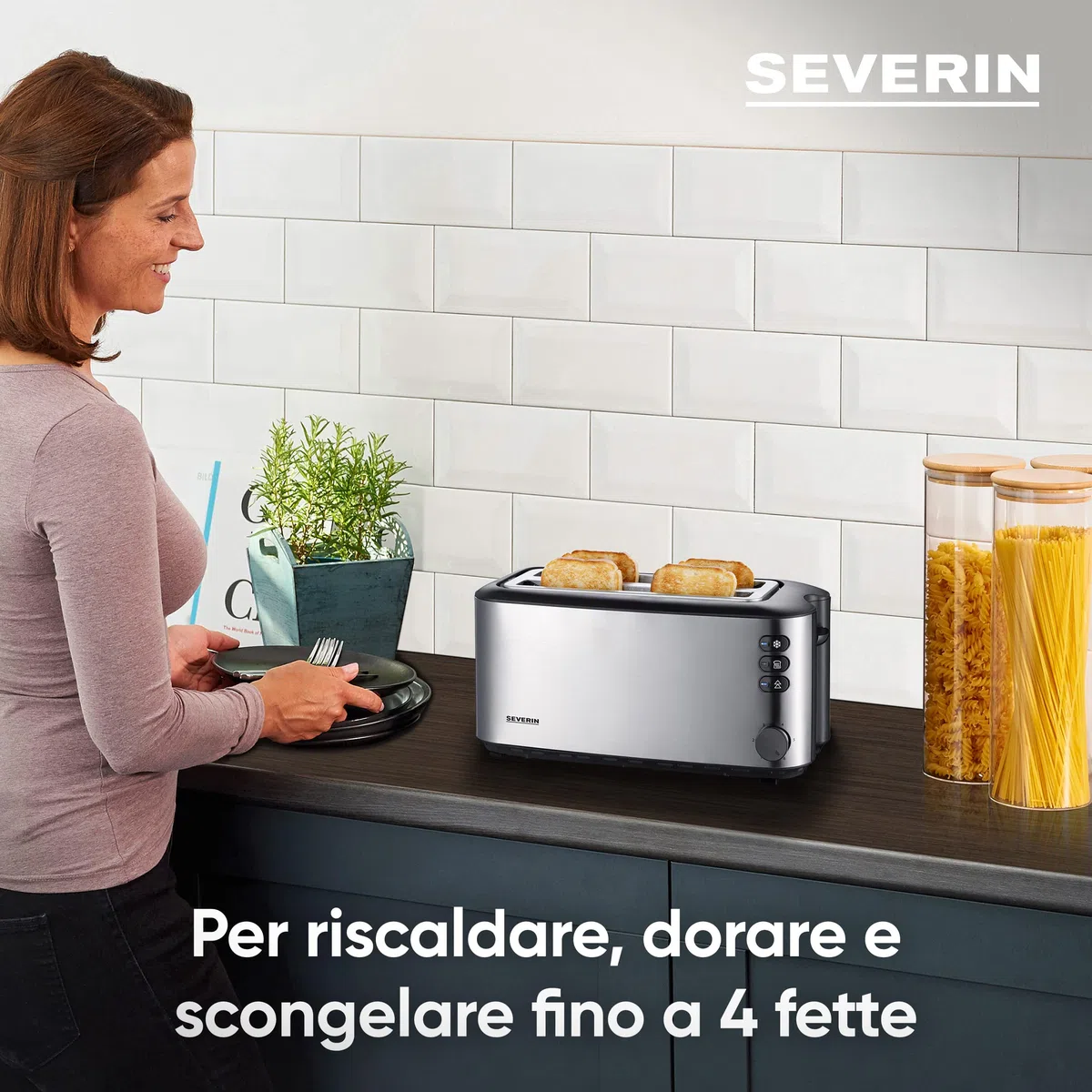 SEVERIN Tostapane 4 Fette Fessure Lunghe, 1400W, Acciaio Inox, Griglia Scaldapanini, Funzione Scongelamento, con Vassoio Raccoglibriciole, 39,7 x 15,7 x 18,5 cm, Nero/Argento - AT 2509