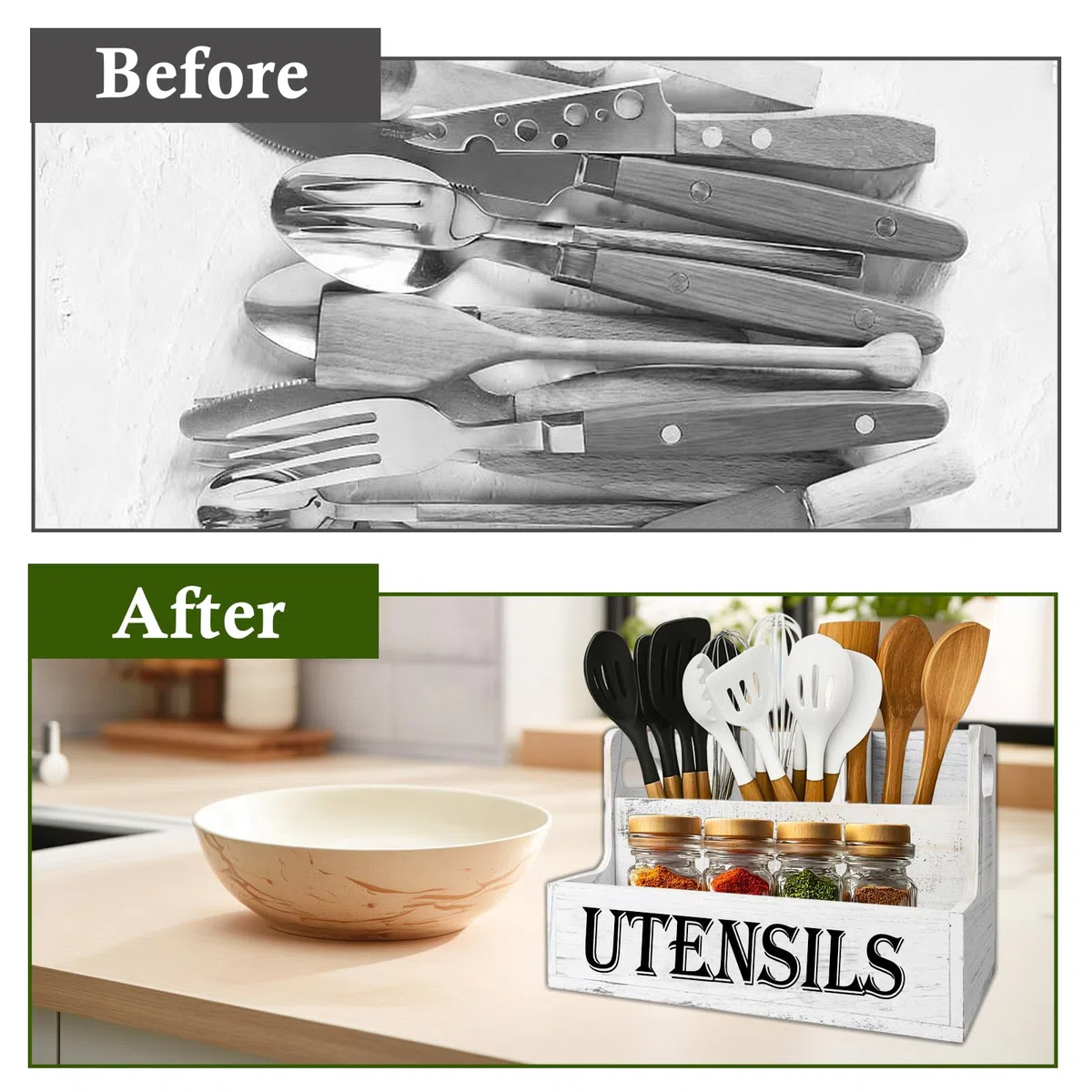 Portautensili da Cucina con Fondo di Drenaggio, Grandi 4 Scomparti in Vero Legno Massiccio, Organizer per Utensili da Cucina, per Bancone Della Cucina Venature Bianche