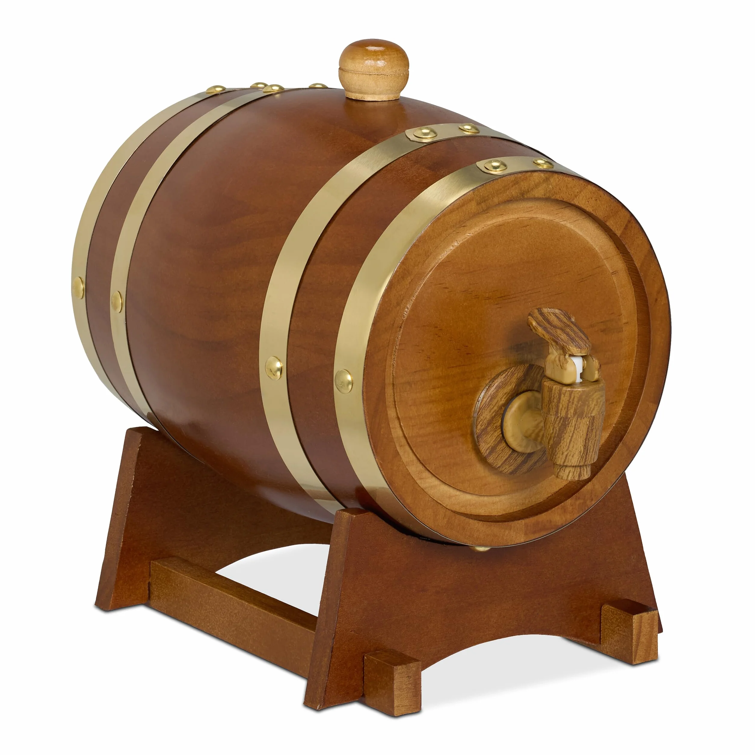 Relaxdays Botte per Liquori, Mini Barile in Legno da 1,2 L, con Rubinetto e Supporto, per Whisky, Vino, Marrone Scuro