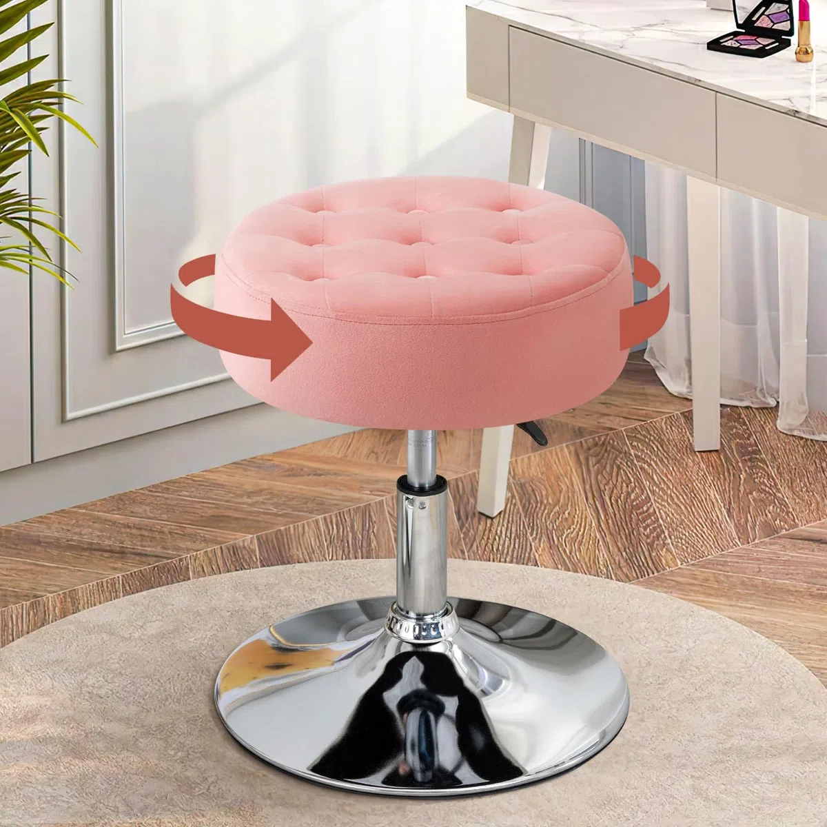 Sgabello da Trucco, Sgabello Rotondo Girevole Regolabile in Altezza, Sgabelli Toeletta Trucco Sgabelli Basso da Bar, Sedia da Cucina in Velluto per Camera da Letto Soggiorno Salone, Rosa