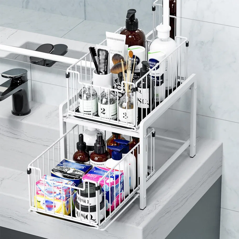YunNasi Scaffale Sottolavello Portaoggetti con 2 Cestelli Scorrevoli, Organizer Sotto il Lavello, per Bagno, Cucina, Controsoffitto, Mobile (Regolare, BiancoBianco)