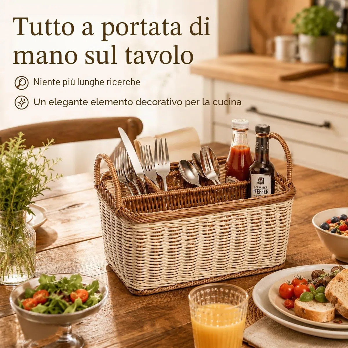 HEMOTON Portaposate in rattan, cestino per posate intrecciato da tavolo, portaposate per posate e utensili con manici e 4 scomparti divisori, per cucina, sala da pranzo, giardino o picnic