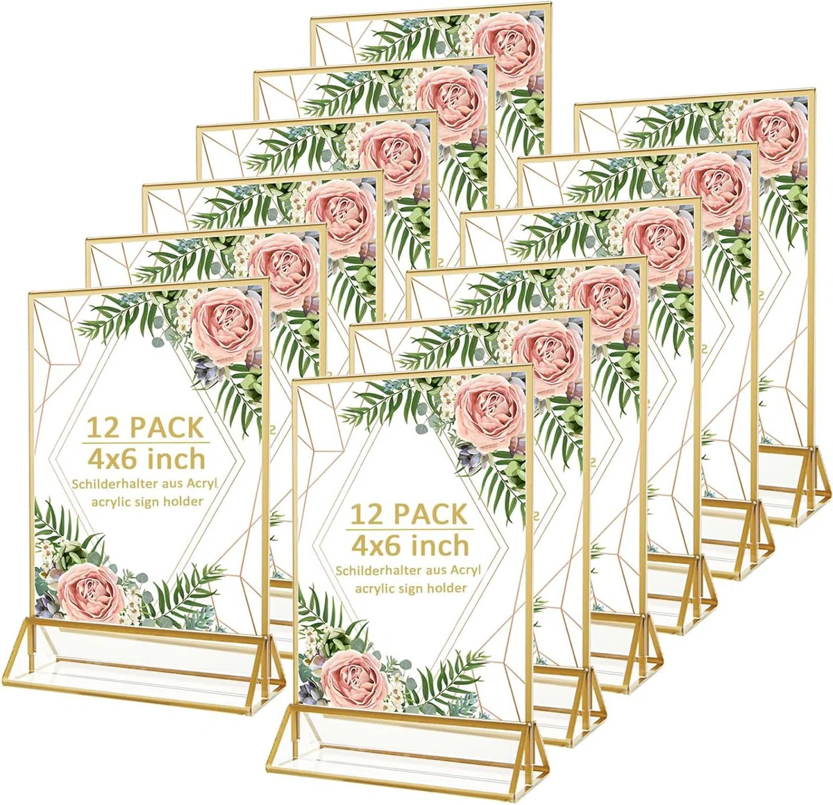 12 espositori da tavolo trasparenti formato A6, 10 x 15 cm, in acrilico, per matrimonio, con bordo dorato, formato A6, supporto doppio a T, per foto, caffè, ristorante, uffici