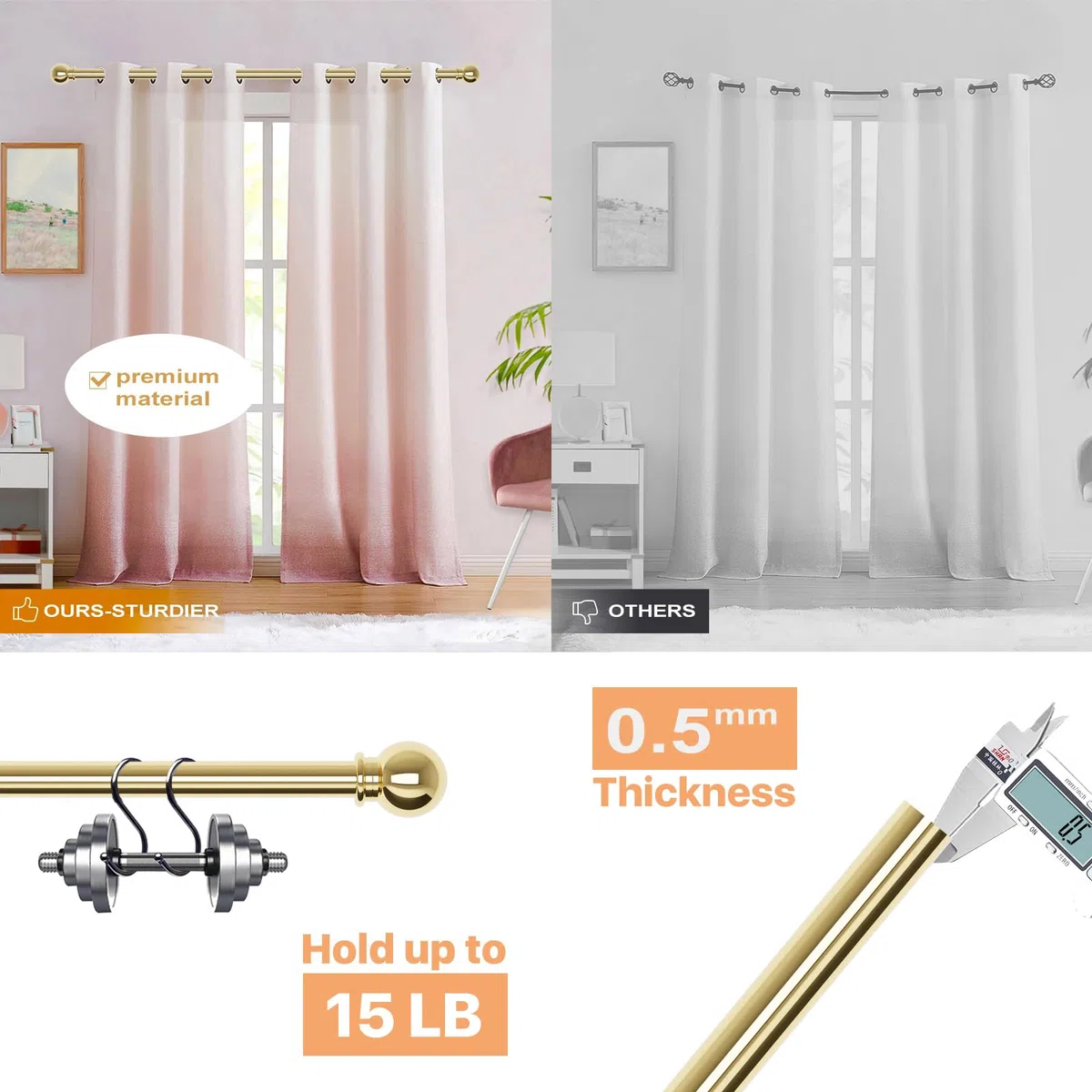 Bastoni per tende dorati per finestre da 66 a 120, asta lunga regolabile per tende per patio esterno, porta scorrevole in vetro, set di aste decorative per tendaggi di diametro 5/8, asta per tende