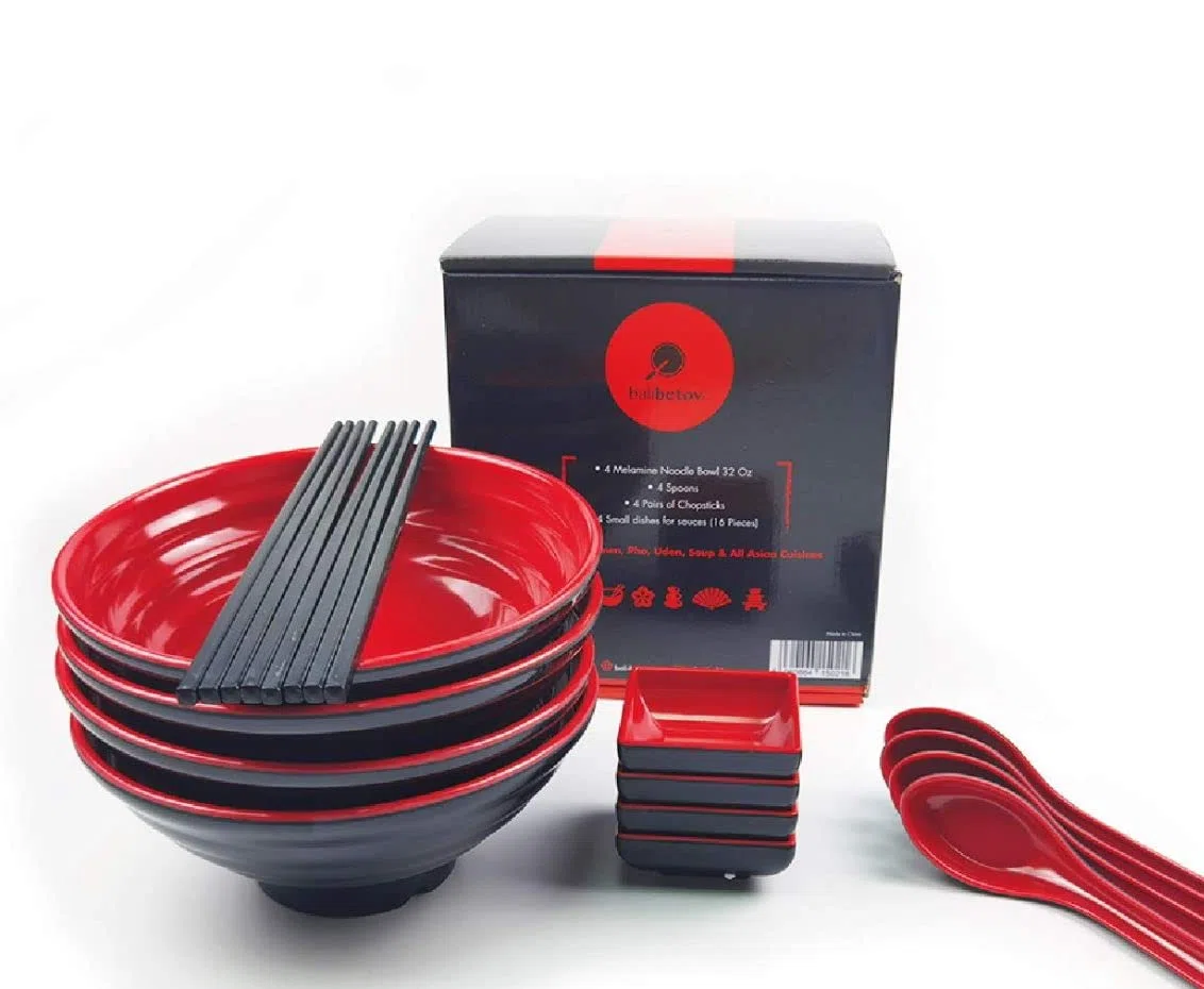 BALIBETOV Ciotole Giapponesi per Ramen Set - Include 4 Ciotola Ramen in Melamina, Bacchette, Cucchiai e Piccolo Piatti Giapponesi per Salsa - Ideale Per Zuppe Asiatica o Pho (Rosso, 4)