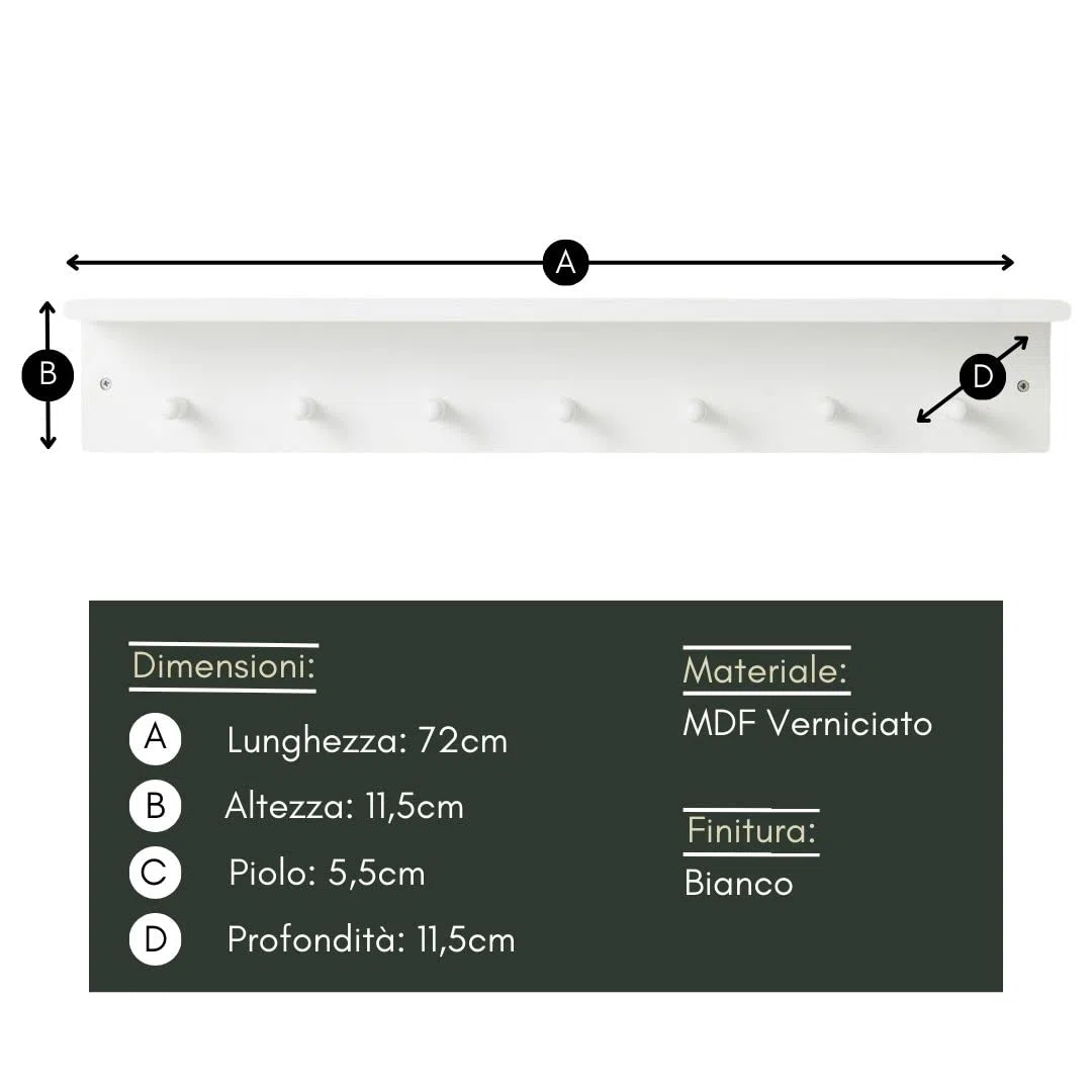 Haus Projekt Appendiabiti da Parete con Mensola, 7 Ganci, Bianco, Mensole da Muro Legno, Attaccapanni, Mensole Bagno, Scaffale da Parete, Mensole Cucina Portaspezie, Appendi Chiavi, 72 x 11,5 x 11,5