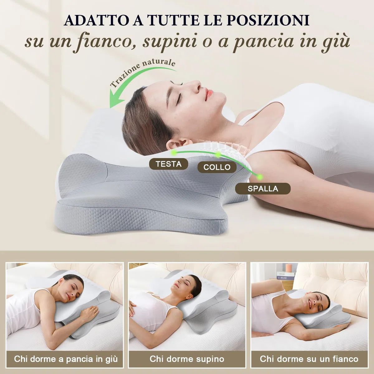 Cuscino Cervicale Memory Foam, Cuscino Ortopedico per Dormire con Supporto per Collo e Spalle, Doppia Altezza 10/13 cm, Federa Traspirante Sfoderabile Lavabile, 64x39 cm, Grigio Chiaro