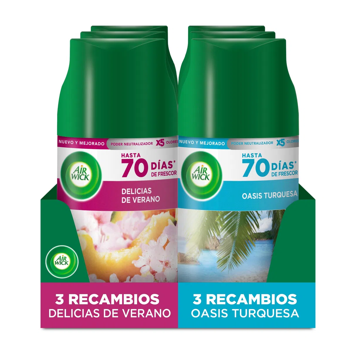 Air Wick Freshmatic - Confezione da 6 pezzi di ricambio per deodorante spray automatico, aromi misti, 3 x aroma di prelibatezze estive + 3 x profumo di oasi turchese