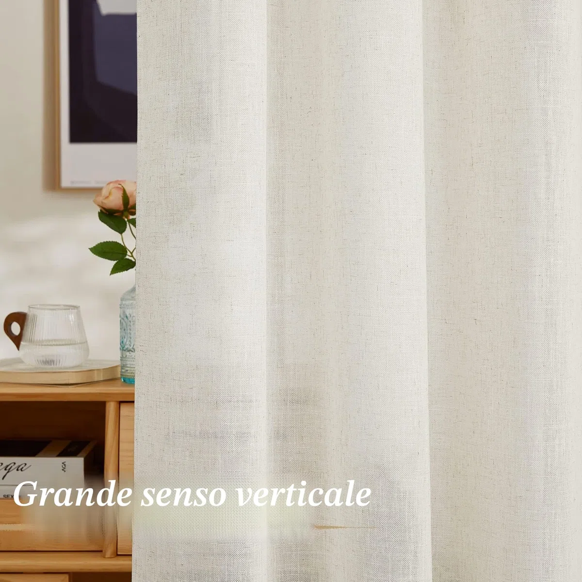 PONY DANCE Tende Lino 200g/m² Salotto Moderne 2 Pezzi L 140 x A 245 CM Tende Semitrasparenti Soggiorno con Anelli Linen Curtains Camera da Letto Moderna, Crema