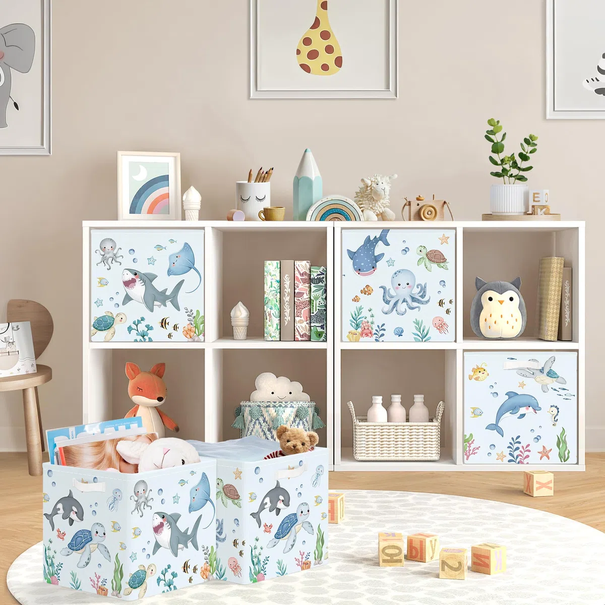 30cm Set di 3 Scatole Portaoggetti Marini Contenitore Porta Giochi Ragazzo Pieghevole Squalo Balena Cubi Portaoggetti per Libreria Kallax Salotto, Animali Acquatici