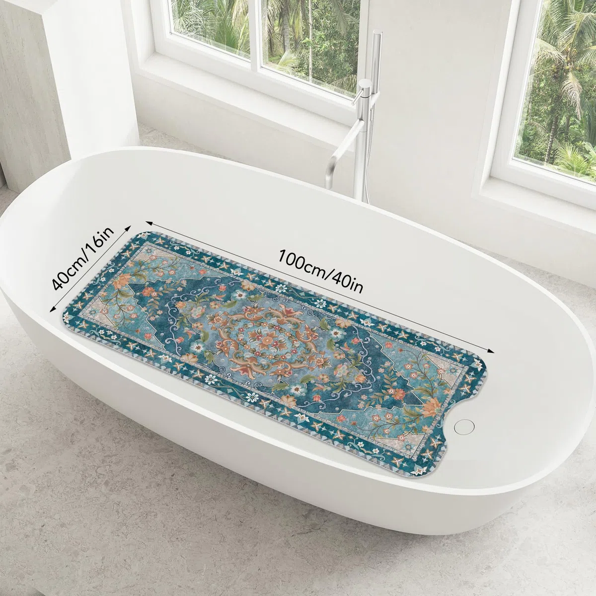 SHUCHING Tappetino Vasca Antiscivolo, Tappetino Doccia Antiscivolo Lungo 100x40cm, Tappeto Vasca da Bagno Antimuffa e Lavabile in Lavatrice, Floreale Vintage Blu