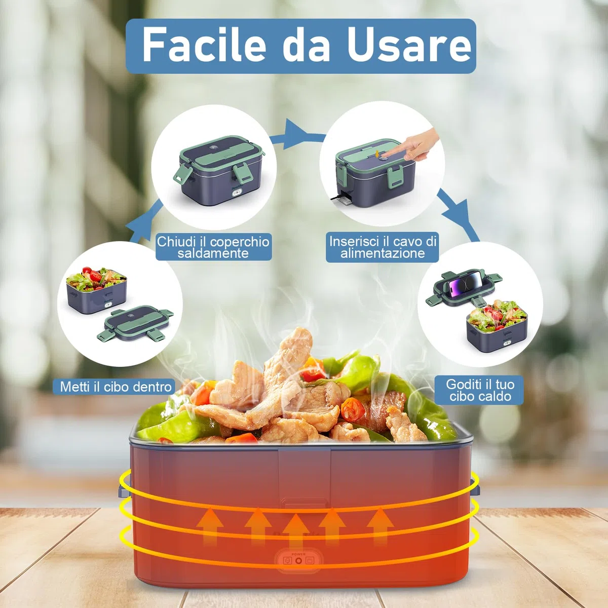 Scaldavivande Elettrico Portatile 80W 3 in 1 per Auto Camion e Ufficio 1,8L Scaldavivande Porta Pranzo con Spazzola di Spugna Forchetta e Borsa (Blu Royal)