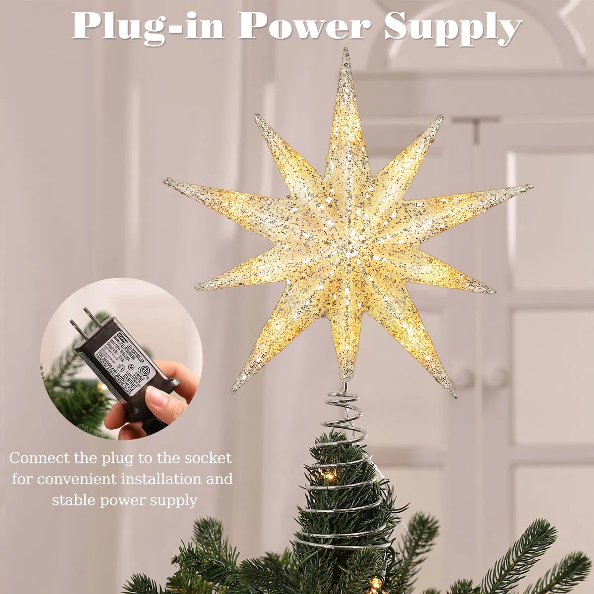 Lewondr Stella Cima per Albero di Natale,13" Stella Natalizia a 10 Punte Illuminata con Alimentazione a Presa e Telecomando per Decorazioni Natalizie,Timer 6H&8 Modalità Illuminazione, Luce Calda
