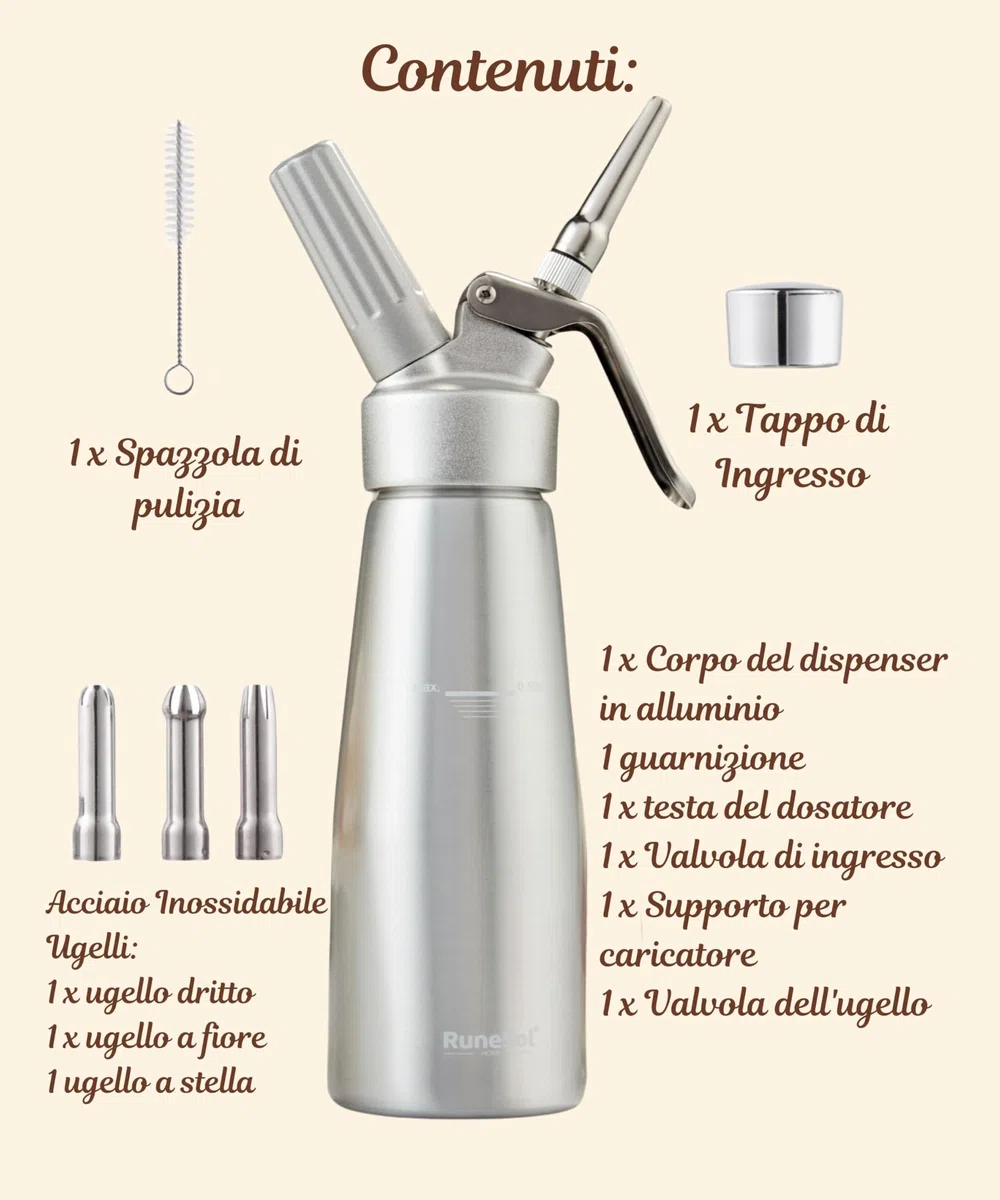 RuneSol Sifone per Cucina Alluminio 500ml con 3 Ugelli Acciaio Inox, Sifone da Panna Montata, Sifoni per Spume Panna Monta Professionale per Decorazione Pasticceria e Dessertf