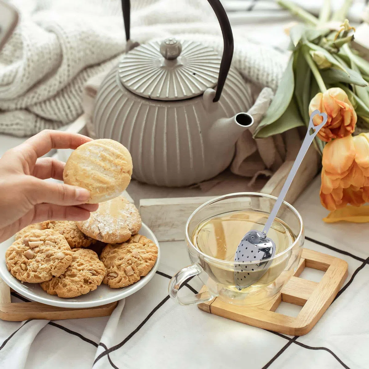 50 Infusori per Tè in Acciaio Inox Con Impugnatura Lunga, Filtro Sfuso per Foglie a Forma di Cuore, Ottimo Regalo per Gli Amanti