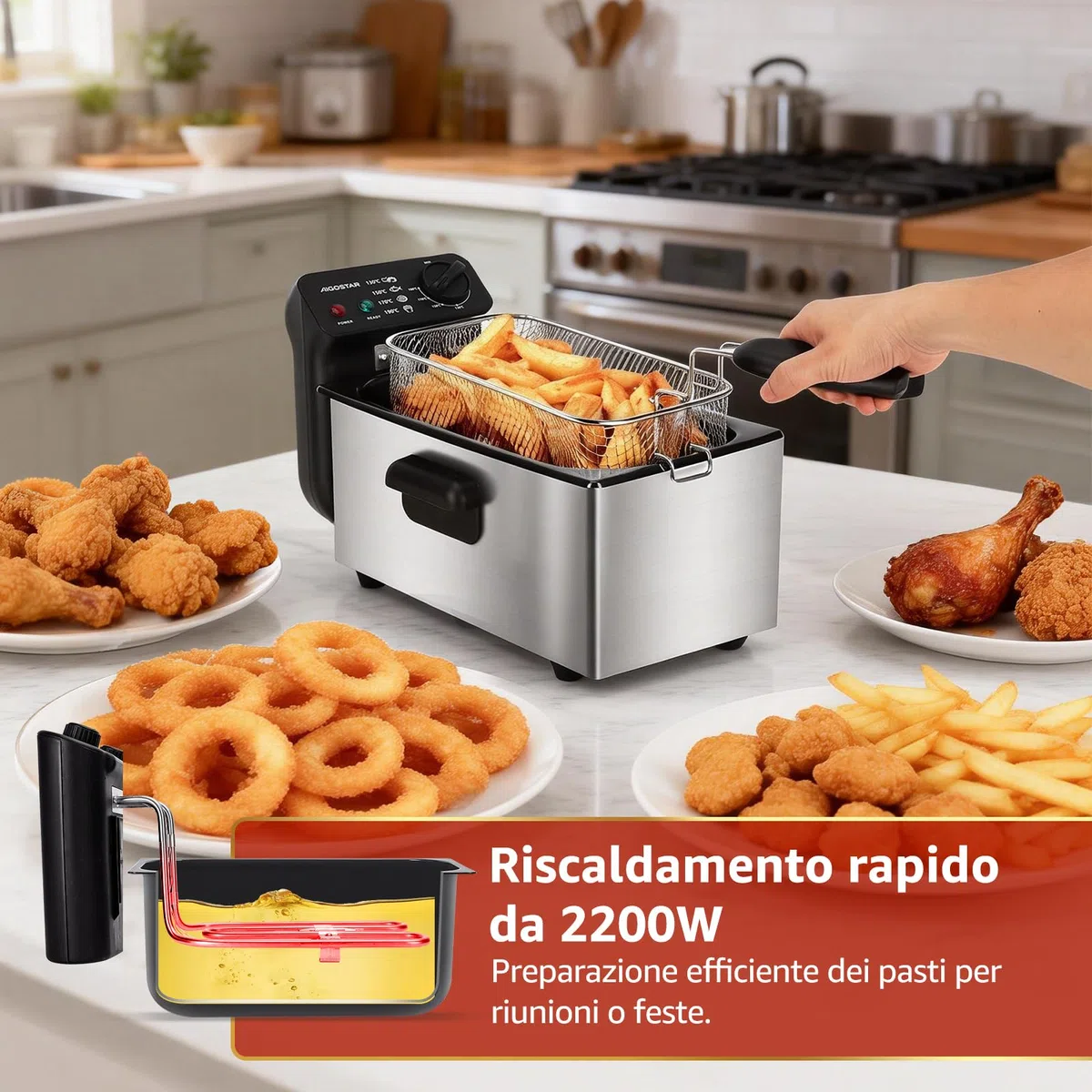Aigostar Friggitrice 2200Watts, Capacità 3 Litri con Finestra, Controllo di Temperatura, Ciotola d'Olio Removibile