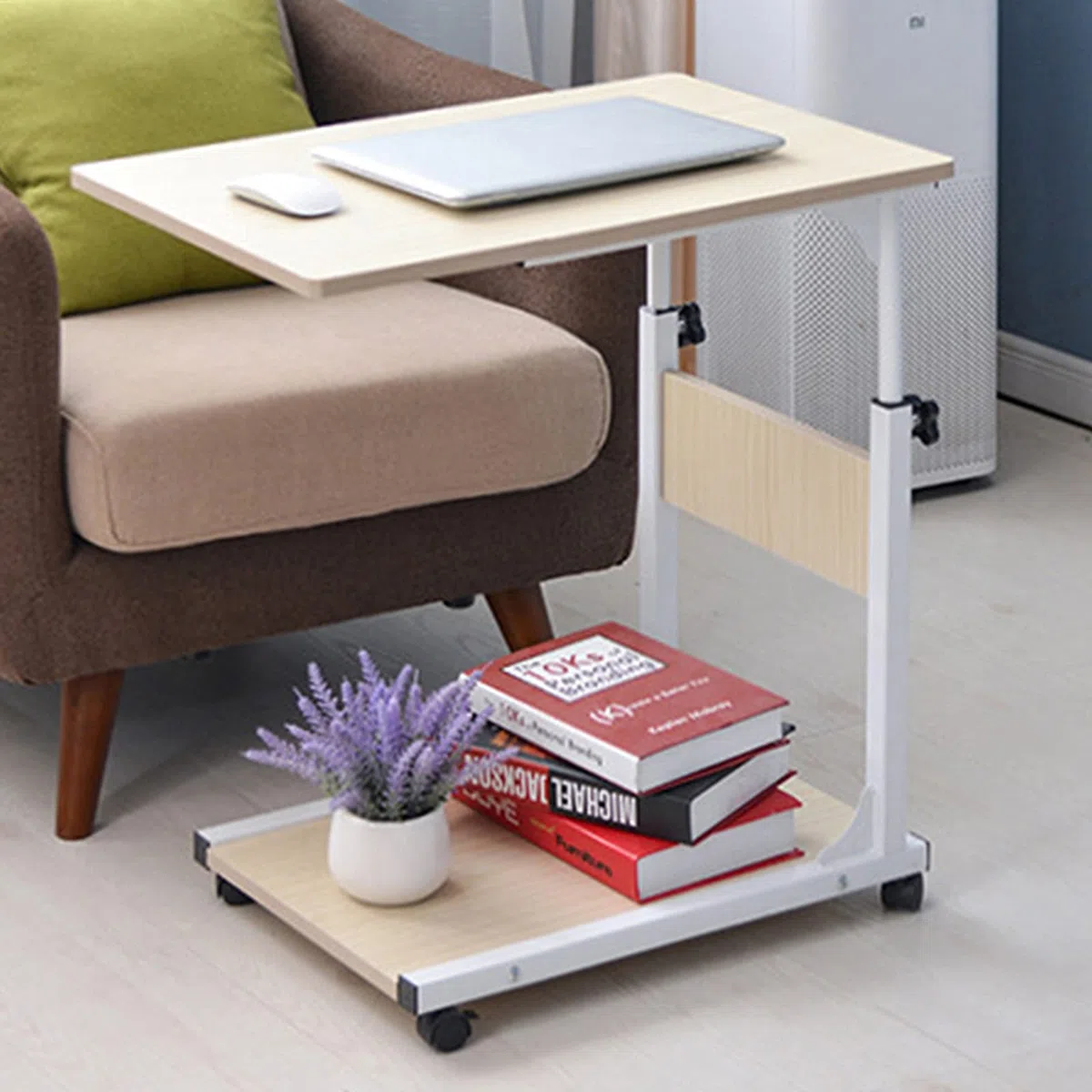 Tavolino regolabile in altezza con ruote, tavolino da letto, tavolo per computer, comodino per soggiorno, camera da letto, acero bianco