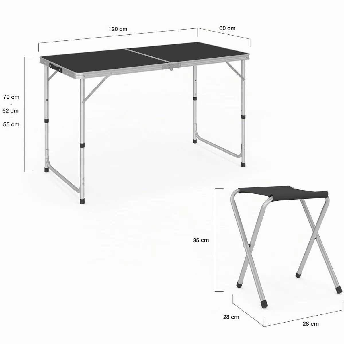 IDMarket - Tavolo da campeggio pieghevole regolabile in altezza da 120 cm e 4 sgabelli neri