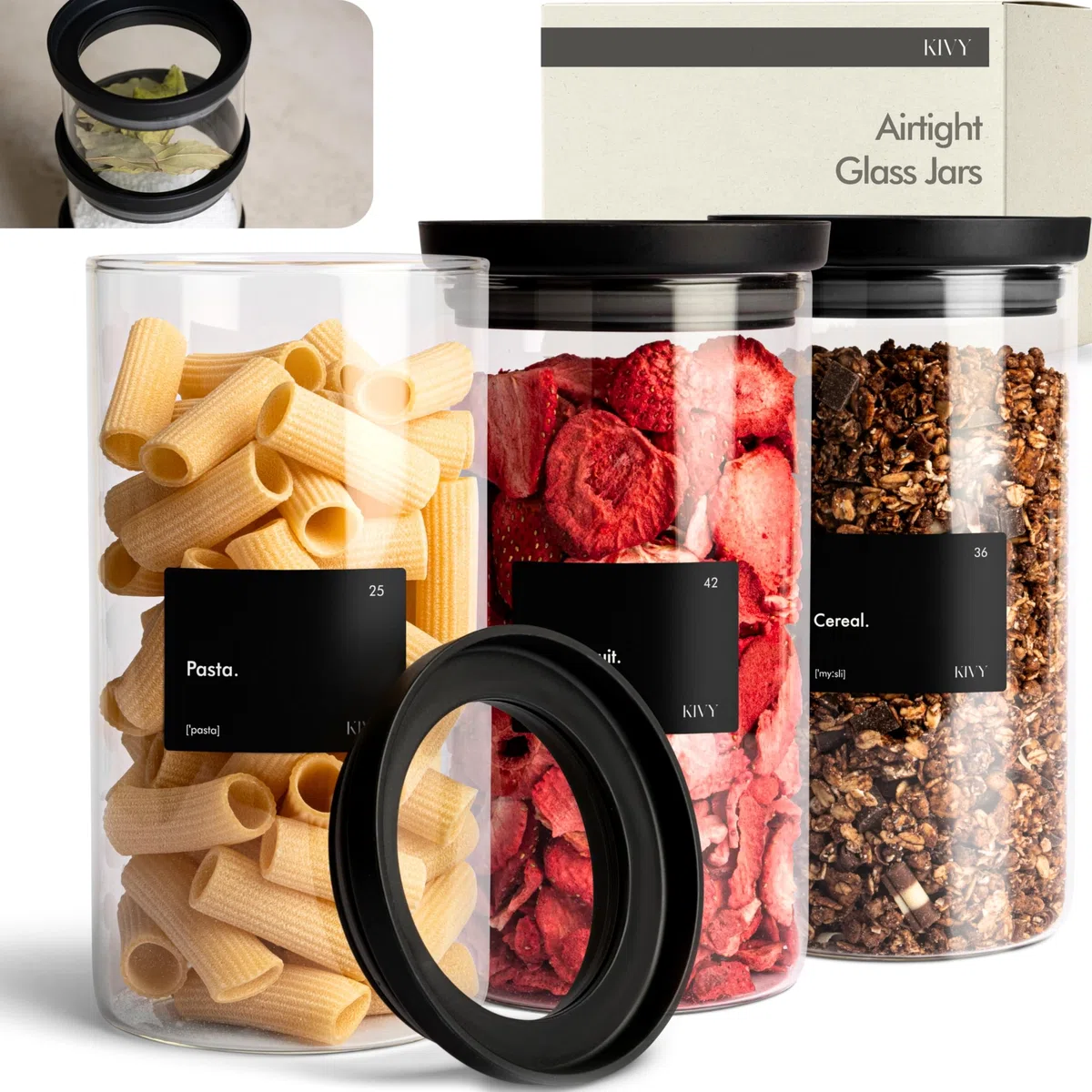 KIVY Barattoli in Vetro Ermetici [3x 1200ml] - Contenitori per Pasta e Spaghetti - Barattolo Grande per Cucina