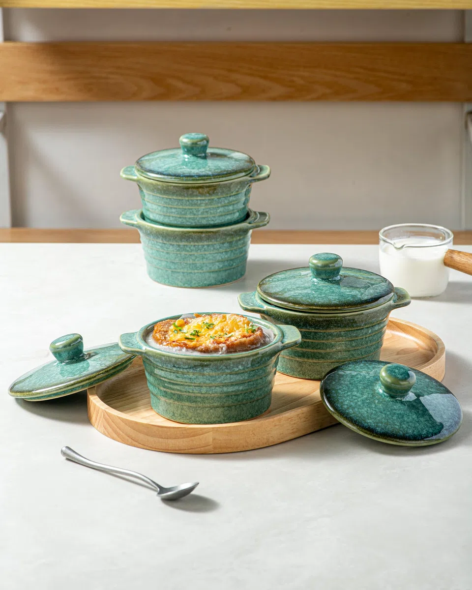 HENXFEN LEAD Mini Cocottes in gres porcellanato, 230 ml, pirottini per souffle con coperchio, set da 4 piccoli pirottini per casseruola, Verde Lucido