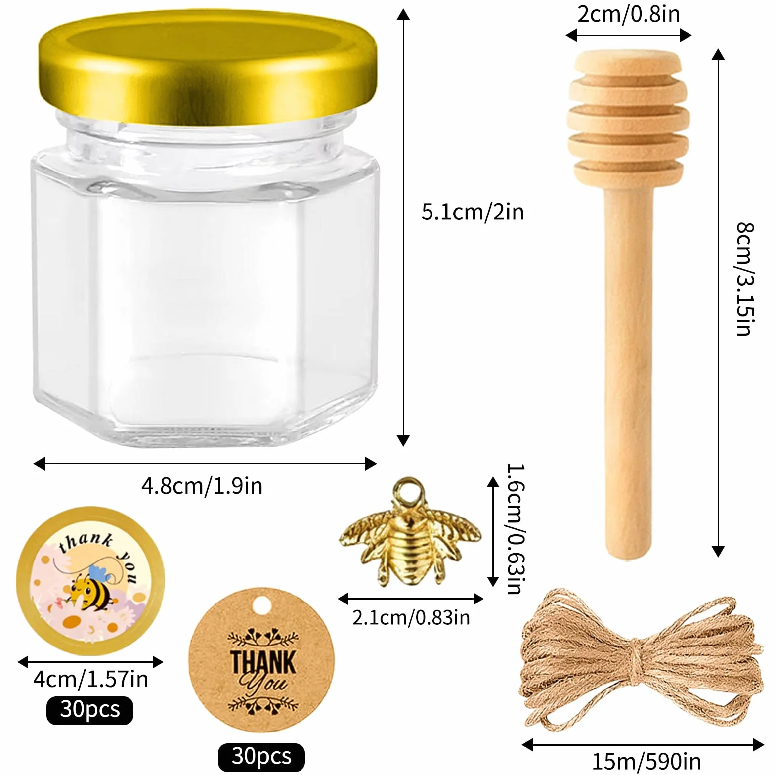30 Pcs Vasetti Mini Miele Esagonali Vetro 45ml con Coperchi Dorati a Vite, Cucchiai per Miele, Ciondoli Api – Ideali per Baby Shower, Nozze, Battesimo, Regali di Natale e Bomboniere