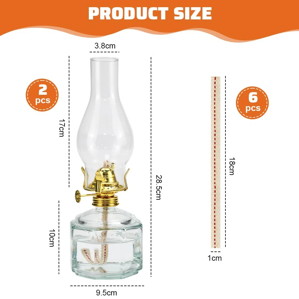 2 Pz Lampada in Vetro a Petrolio,Lanterna ad Olio in Vetro Trasparente,Lampada a Olio Decorativa Antivento,Lampada Lanterna Antica con 6 Pz Stoppini da 18cm per Interni ed Esterni