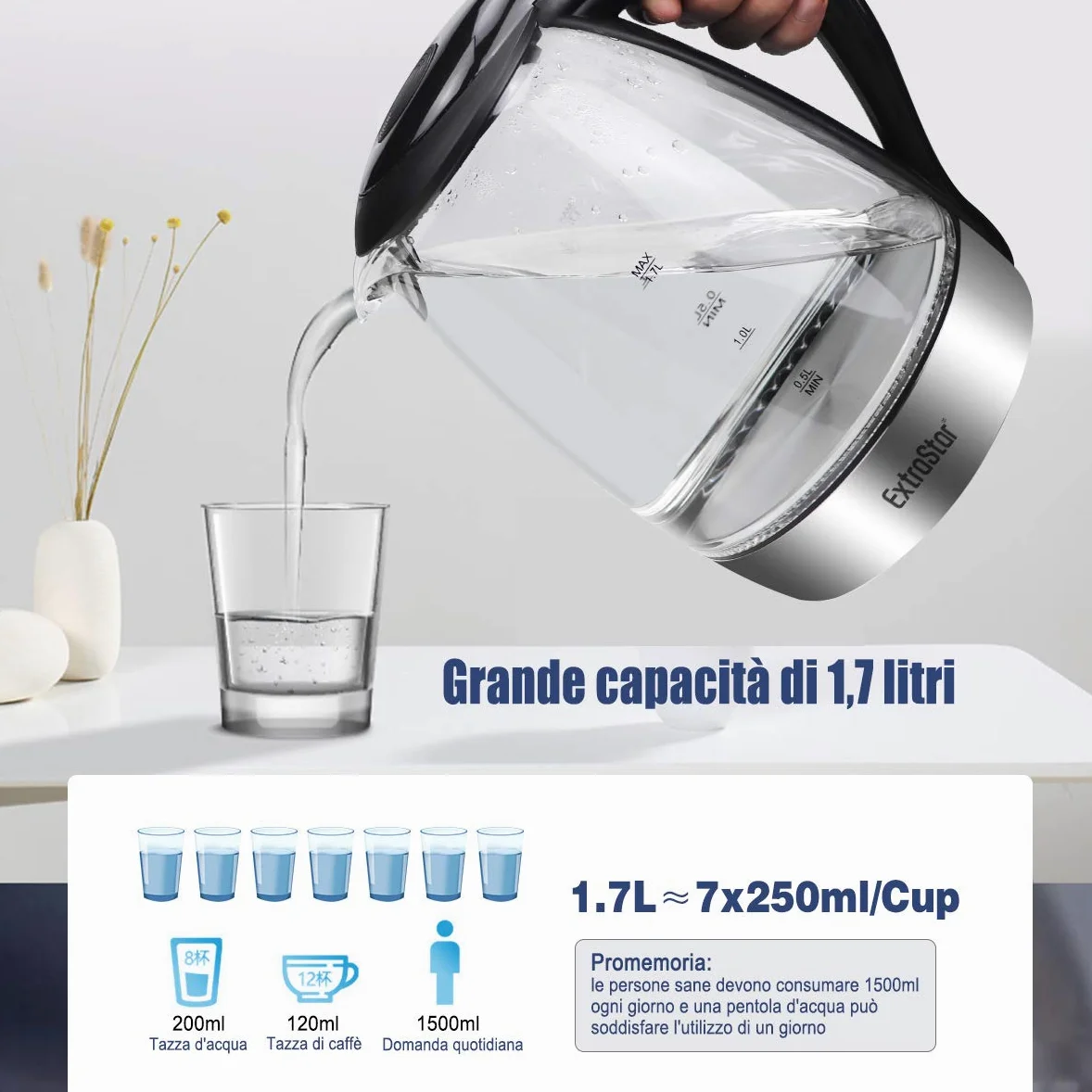 EXTRASTAR Bollitore Acqua Elettrico, Bollitore da 1,7L in vetro con indicatore luminoso a LED blu, bollitore elettrico senza BPA con spegnimento automatico e protezione da bollitura a secco.