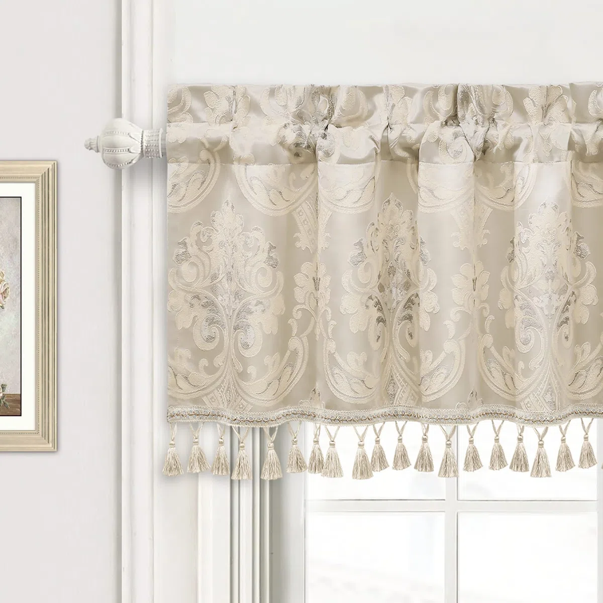 Tenda per Finestre 137x46cm, Mantovana Damascata con Nappe, Tenda Corta per Camera da Letto Soggiorno Cucina, Decorazione Natalizia (Champagne Limpido)