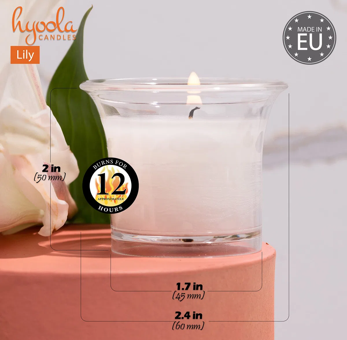 Hyoola Candele Profumate Votive con Portacandele Trasparente - Candele Profumate Piccole Giglio - Durata Candela Votiva 12 ore - Set Candele Profumate da 4 - Made in EU
