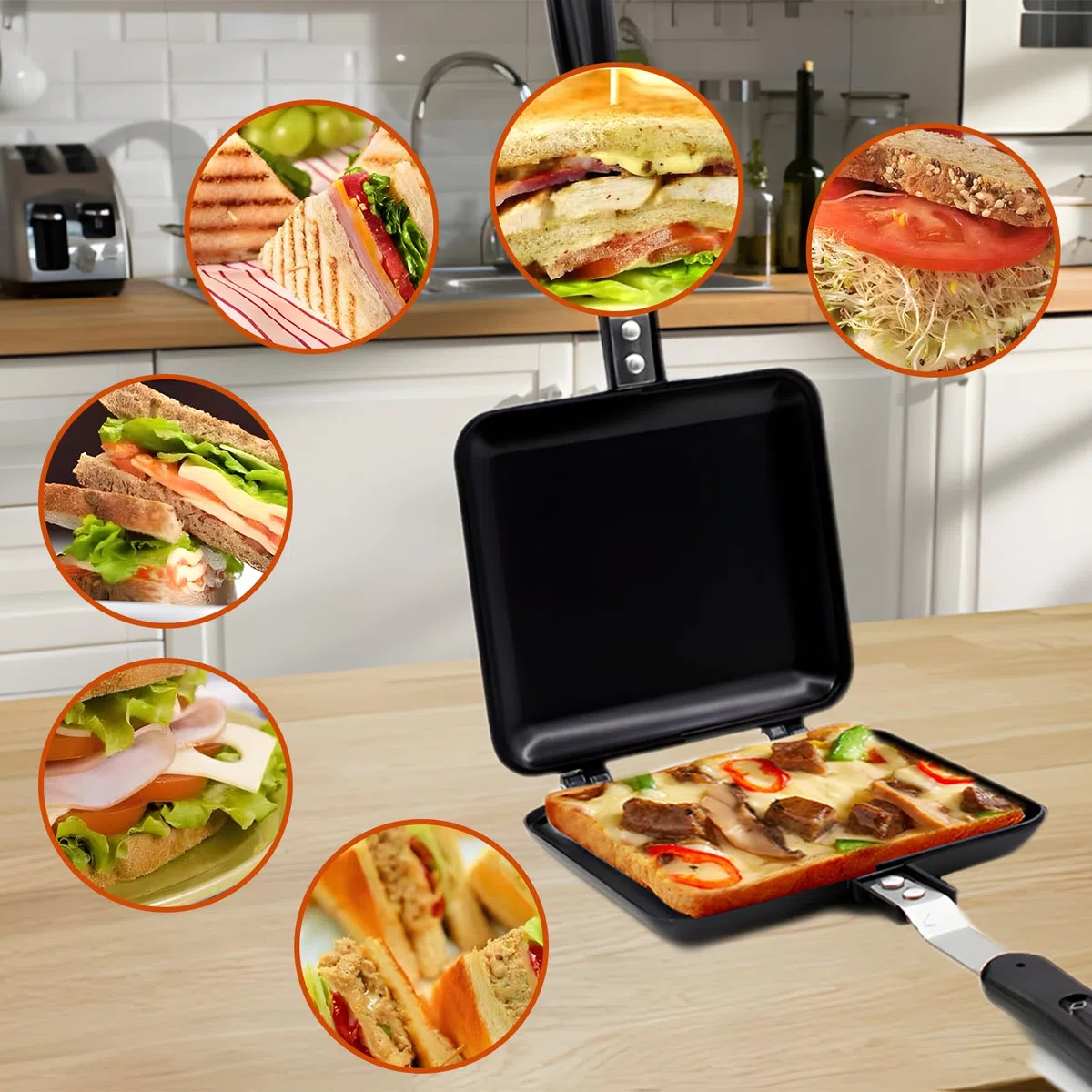 Padella a Doppia Faccia,Tostapane Sandwich Make,Privo di BPA,con Manico Resistente al Calore e Rivestimento Antiaderente,Alluminiofacile da Capovolgere,oer Spuntino e Colazione-19*15*14cm