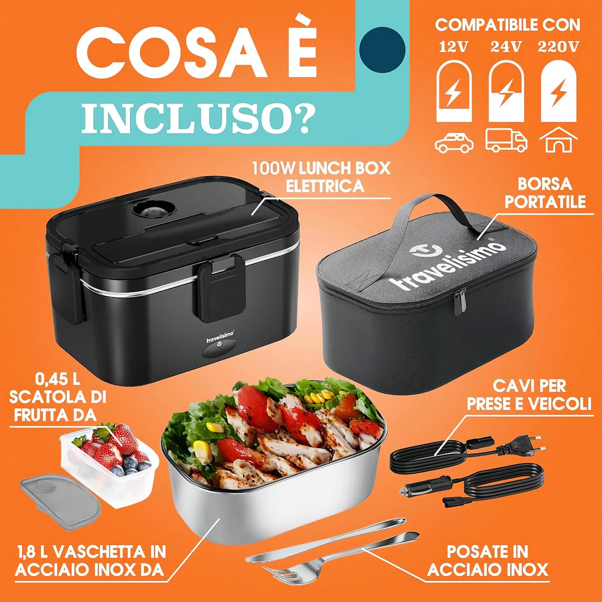 TRAVELISIMO Scaldavivande Elettrico Portatile Extra Grande 1,8L 100W Portapranzo Riscaldabile Portatile, 220V/12V/24V Porta Pranzo Riscaldabile per Viaggio e Lavoro, Porta Pranzo Termico