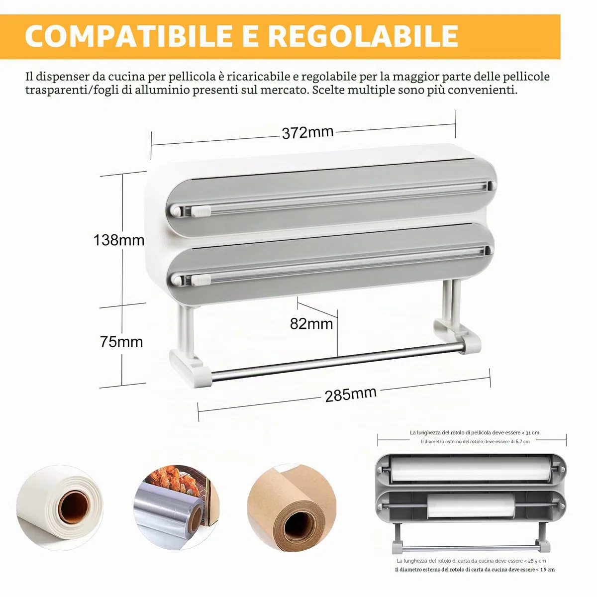 Dispenser e Taglierina Magnetica per Pellicola Trasparente - Supporto per Rotolo da Cucina 3 in 1 Montato a Parete, Quasziwa Dispenser Carta Stagnola in Alluminio con 50M Pellicola Alimentare, Bianco