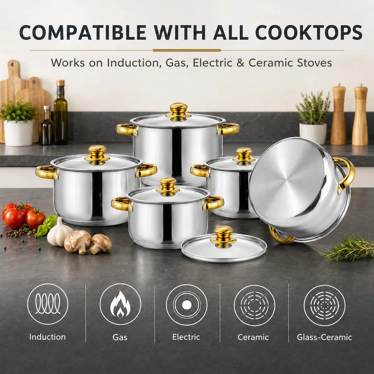 Set di pentole in acciaio inox, 10 pezzi, per piani cottura a induzione, con coperchio in vetro, 5 pentole da 18 a 26 cm, pentole a induzione per tutti i piani cottura, argento lucido