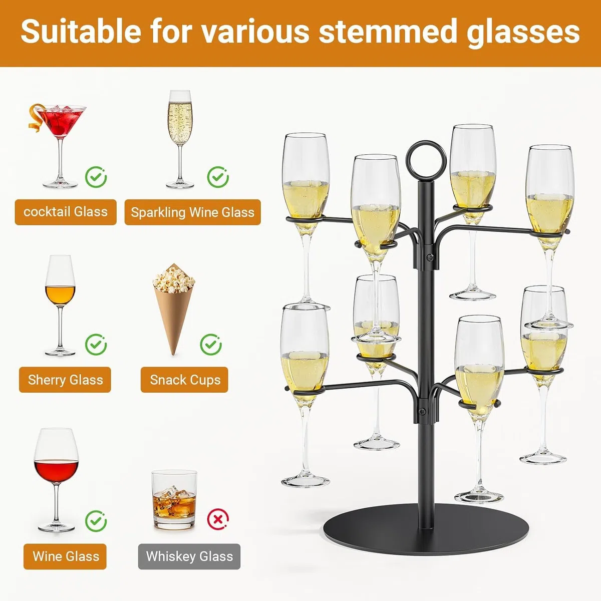 TJ.MOREE Bevande Torre per 8 bicchieri – Aperol Tree da portata per cocktail – Regalo di compleanno per donne, Aperol, aperitivo rosa, supporto per alberi da cocktail, torre di champagne (nero)