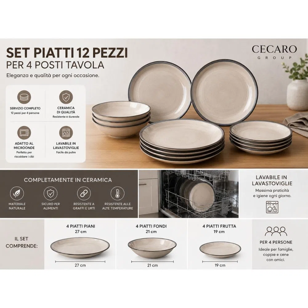 Set Piatti 12 Pezzi in Ceramica – Servizio Tavola per 4 Persone con 4 Piatti Piani, 4 Fondi e 4 Frutta – Design Moderno – Varianti Blu o Tortora (Tortora)