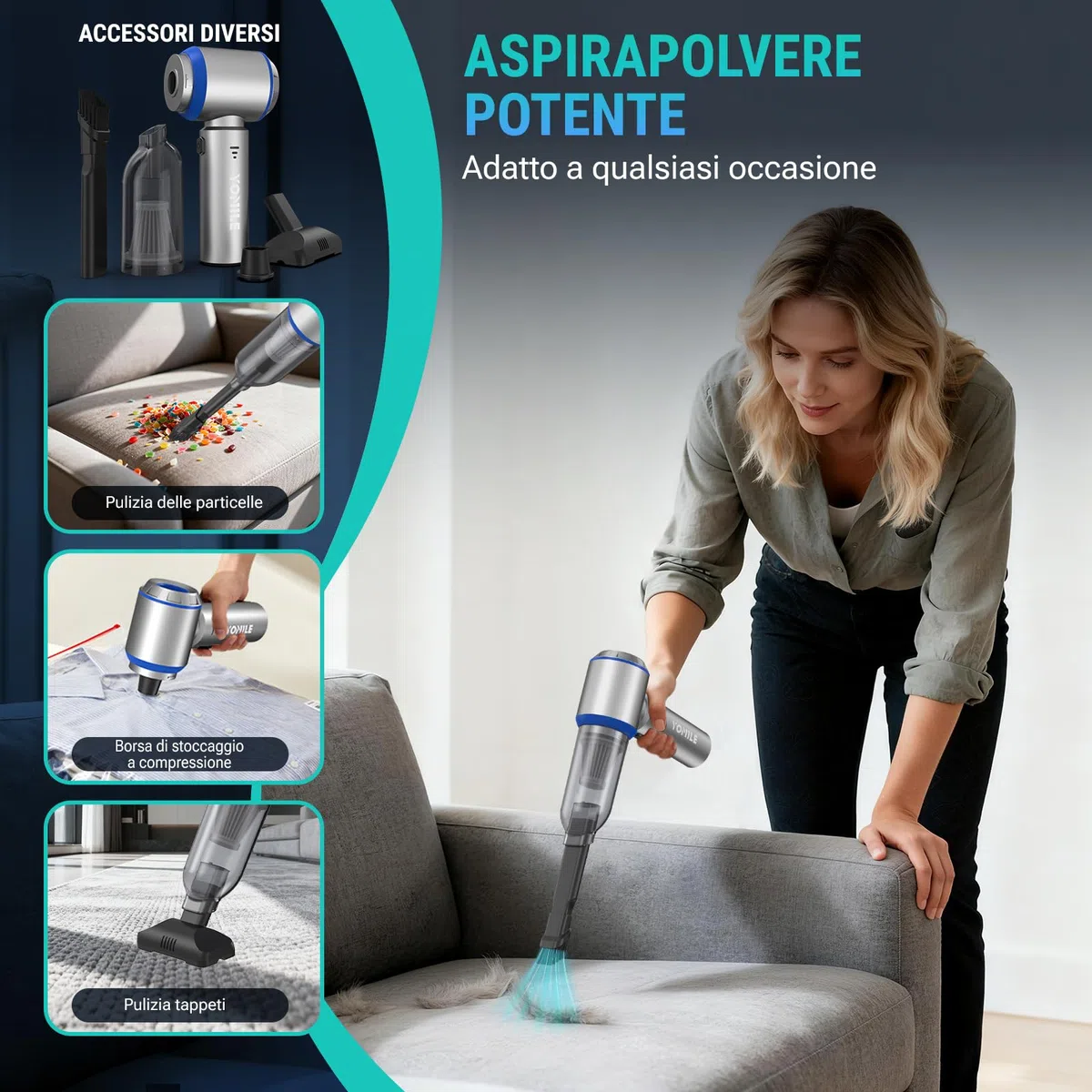 Yomile Aspirabriciole Senza Fili 4 in 1, Aspirapolvere Auto 25000PA Aspirapolvere Senza Fili Potente con Motore Brushless, Mini aspirapolvere Soffiatore Aspiratore per Casa, Ufficio, Cucina
