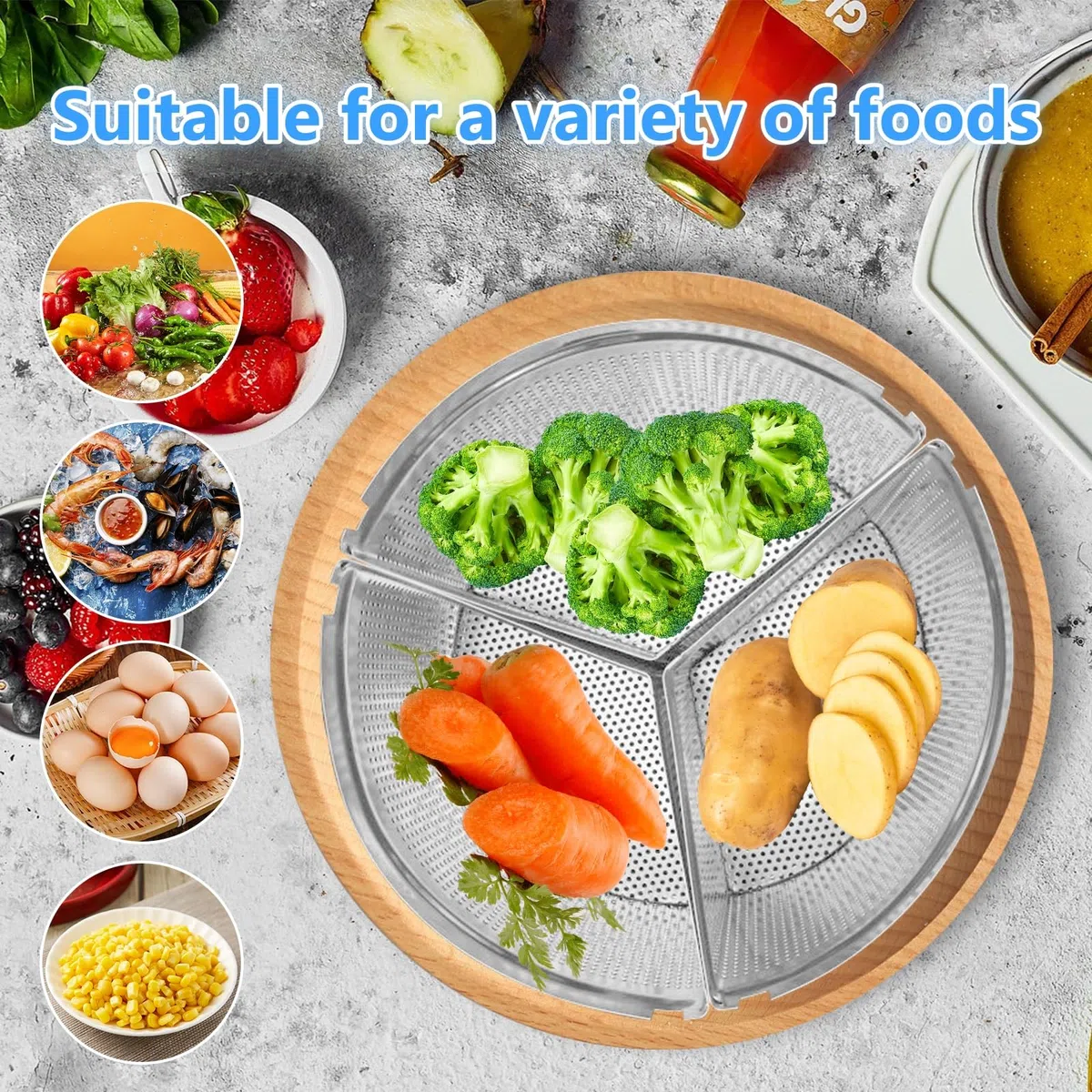 Cestello per Pasta Separata, 3 Pezzi Inserto per Cottura a Vapore con Guanti in Silicone 18 x 18 x 11 cm Cestelli Divisori in Acciaio Inox con Manici e Basi per Pasta Verdure Piccoli Frutti di Mare