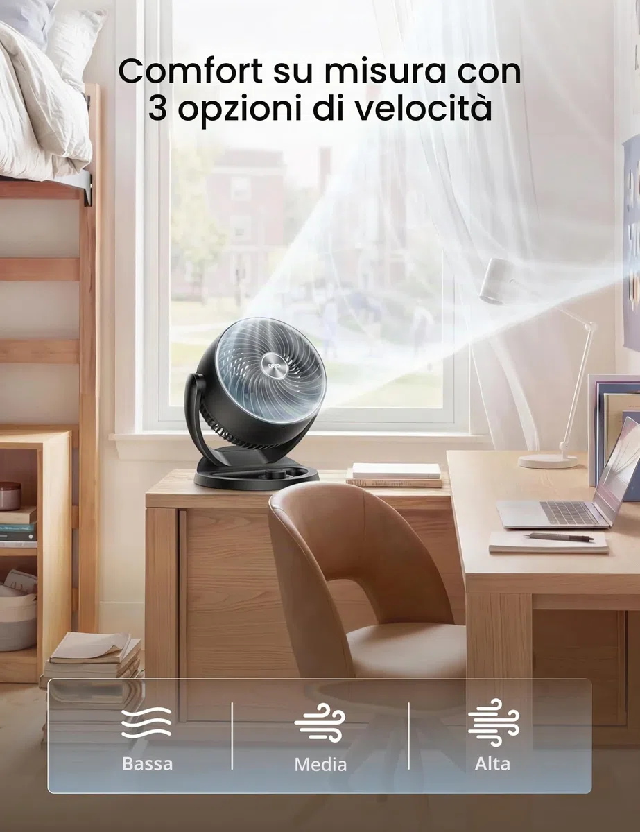 Dreo 28 dB Ventilatore da Tavolo Silenzioso, Diametro 18 cm, 3 Velocità, Inclinazione Regolabile a 120°, Compatto, Discreto, Portatile Per Camera Da Letto o Ufficio, Modello Fox One, Nero