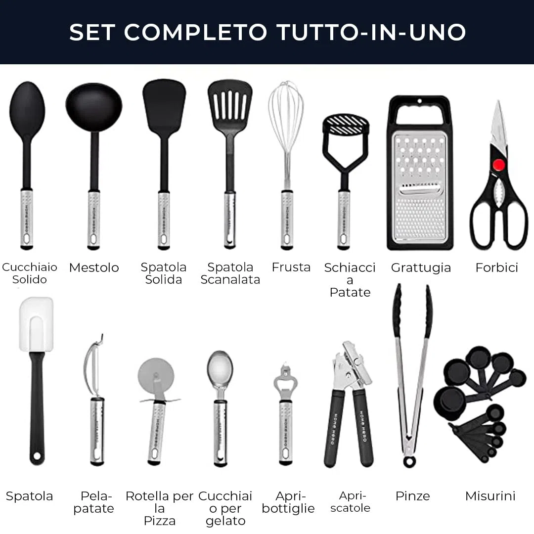 Utensili Cucina Set Termoresistenti al Calore e Antiaderente - Mestoli Spatola Cucchiaio Frusta Pinze Forbici (25 pezzi Nylon Set)