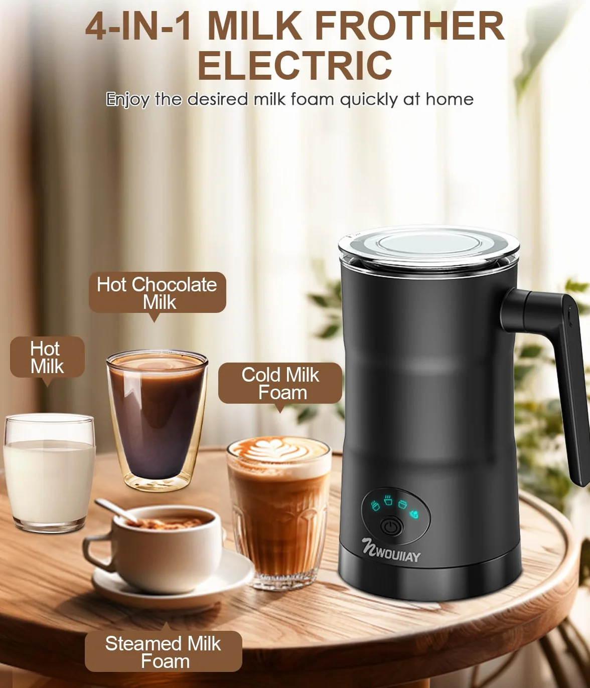 Montalatte Elettrico 600W 350ML 4 IN 1 Cappuccinatore Elettrico Macchina per Schiuma Automatico Latte Calda Fredda Montalatte per Cappuccino Macchiato Caffè Latte e Cioccolata Calda