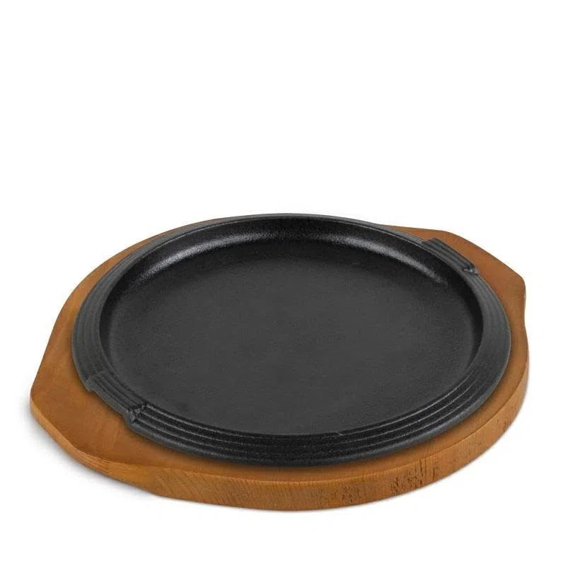 Piatto in Ghisa Smaltata con Vassoio in Legno – Piastra da Servire per Carni, Fajitas, Grigliate e Pietanze Calde – Resistente, Mantiene il Calore, Ideale per Casa e Ristoranti (D. CM 26)