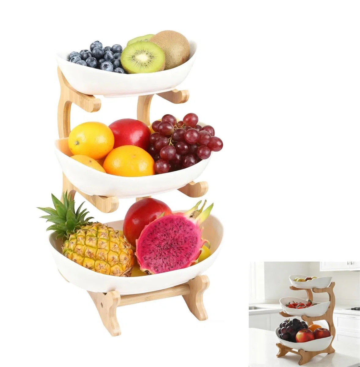 Alzata per frutta con 3 ripiani, con supporto in legno, per verdure, frutta, snack (ceramica)