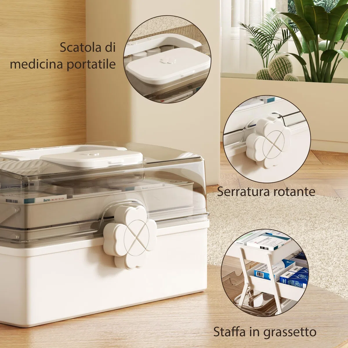 Mihoho Grande scatola per medicinali a 3 strati, organizer per medicinali a 3 livelli, organizer per scatole di immagazzinaggio con scomparti, custodia per kit di emergenza per la famiglia (bianco K)