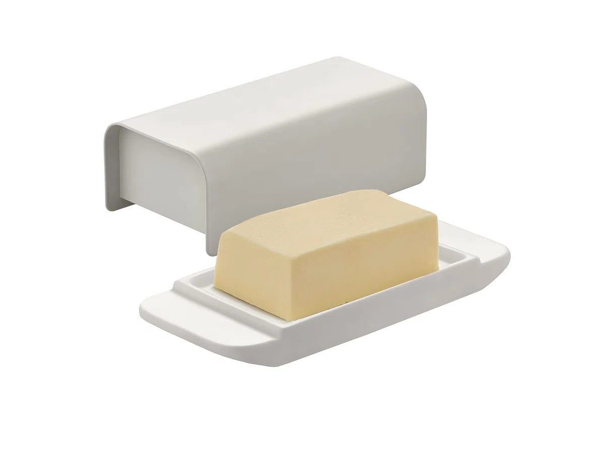 Alessi Mattina BG04 WG Burriera di Design, Realizzata in Porcellana con Coperchio in Acciaio Inossidabile 18/10, Colorata con Resina Epossidica, Warm Grey