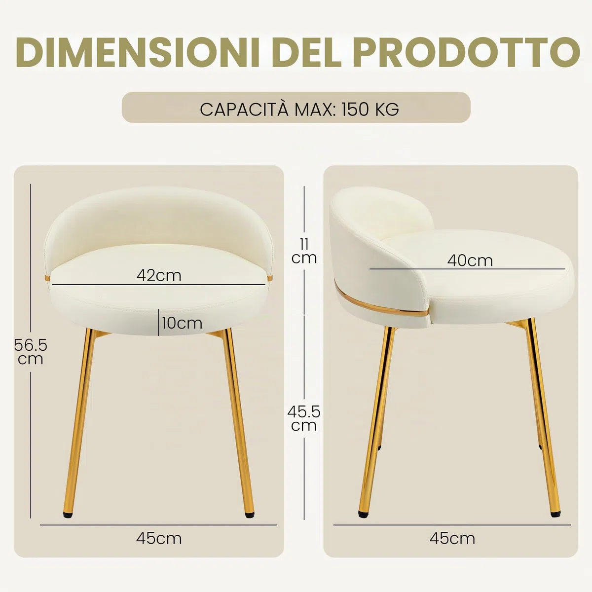 Hellove Sgabello per Toeletta Trucco, Sgabello Basso con Gambe in Metallo Dorato, Moderno Makeup-Hocker in Pelle, Stool Poggiapiedi con Schienale Curvato per Camera da Letto, Soggiorno, Beige