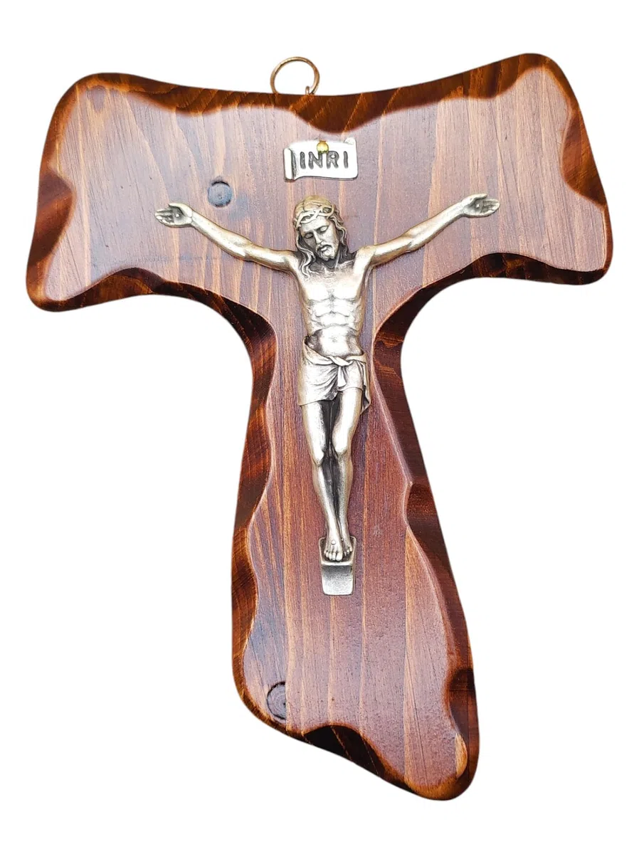 La Balestra Croce Tau da Parete - Artigianale Made in Italy Cristo e INRI Placcati Argento 999 - Crocifissi da Parete in Legno, Cura e Precisione dei dettagli di Gesù Crocifisso - 18x14cm