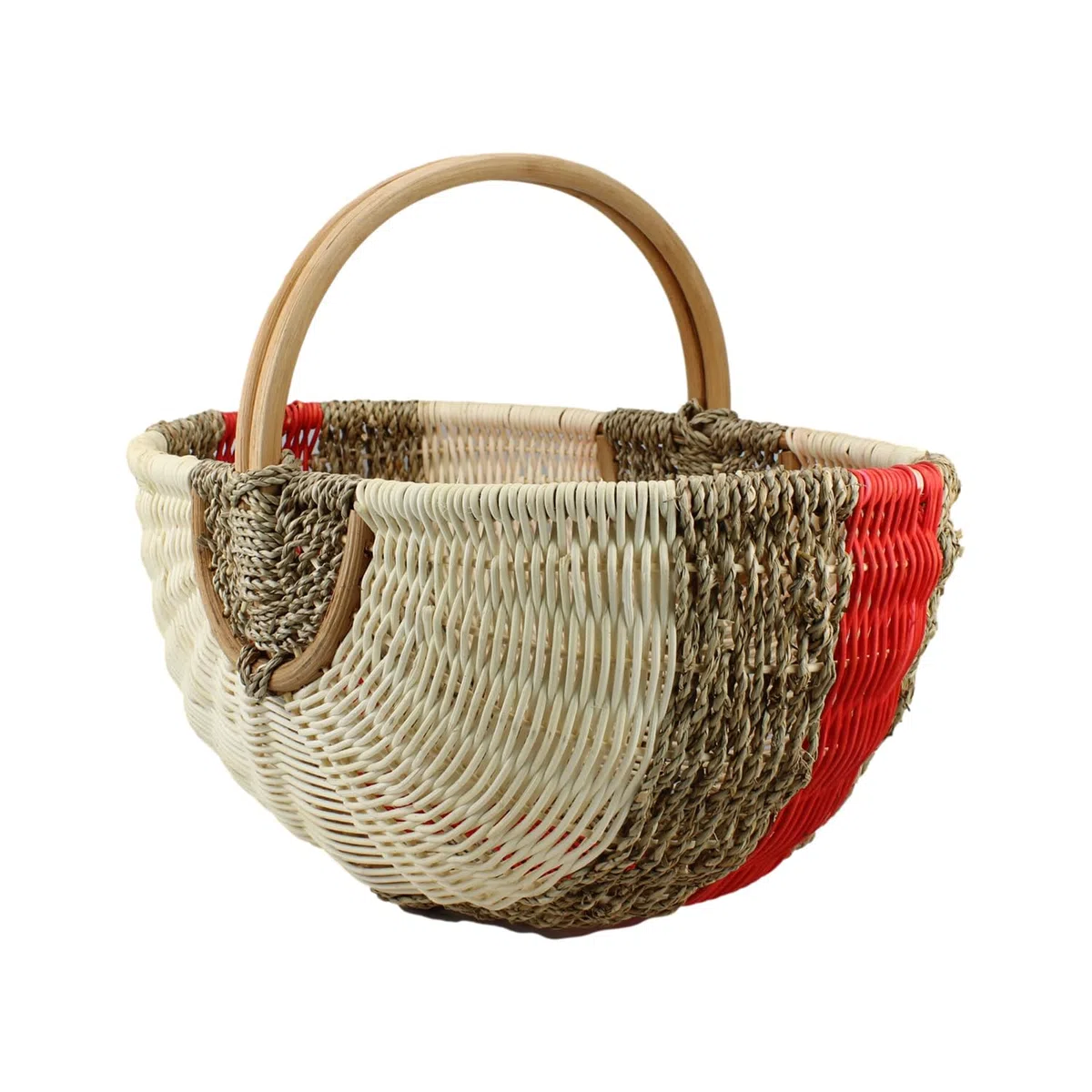 Grande Cesto per la Spesa in Rattan e Alghe – Cesto da Picnic Intrecciato a Mano con Manico – 48x33x24 cm – Robusto Cesto da Mercato e Auto – Design Vintage – Rosso