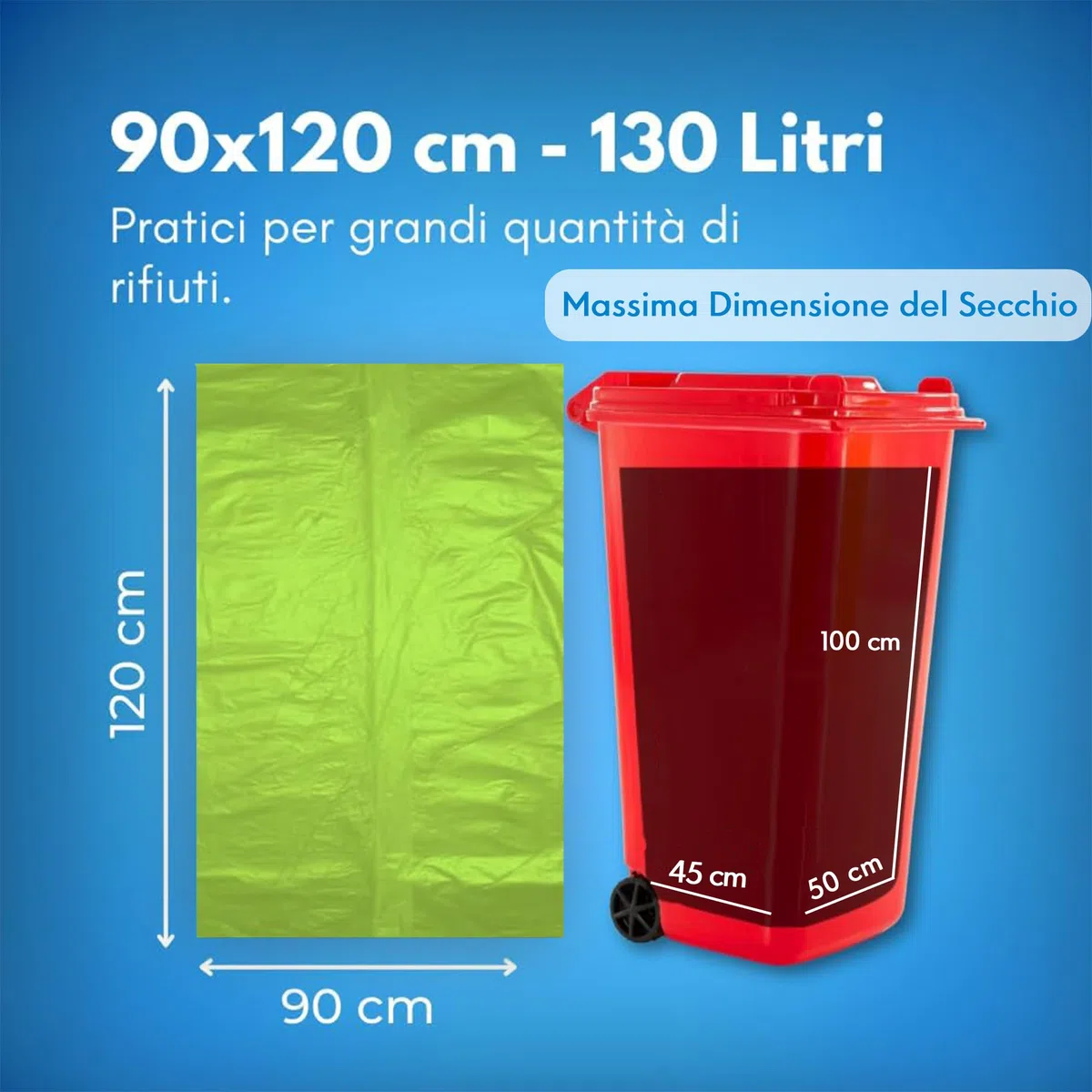 GM 30 Sacchi Spazzatura Verdi 90x120 cm Biodegradabili x Umido, Resistenti, 130 litri, Sacchetti Bio Compostabili x Ristoranti, Buste Immondizia per Rifiuti Organici, 3 Rotoli da 10 buste immondizia
