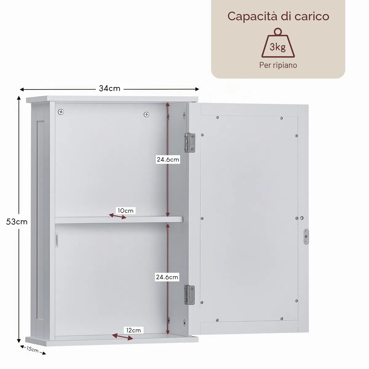 Bath Vida, Milano, Mobiletto da Bagno, Anta Singola con Specchio, da Parete, Bianco
